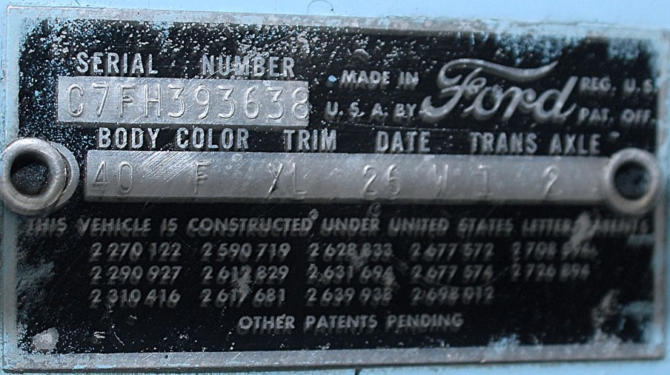 late 1957 Thunderbird VIN data plate
