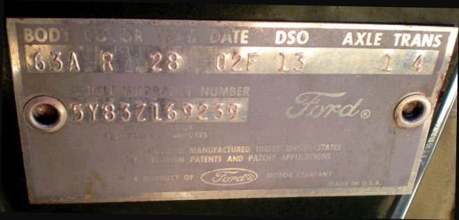 1962 1963 1964 1965 Thunderbird VIN data plate